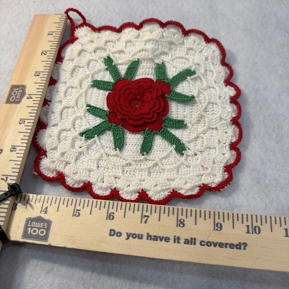 Lot of 2 Vintage Crocheted Potholders Trivets Burgundy & White w/Loops 574